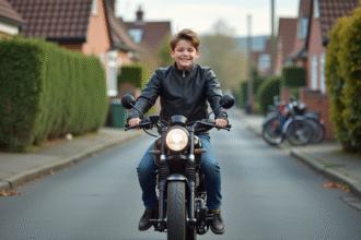 Jeune garçon en moto sur une rue tranquille