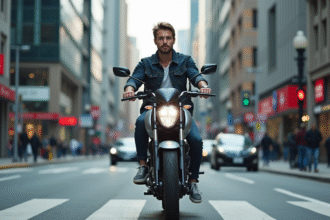 Jeune homme en ville sur sa moto 125cc dynamique