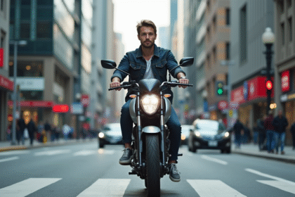 Jeune homme en ville sur sa moto 125cc dynamique