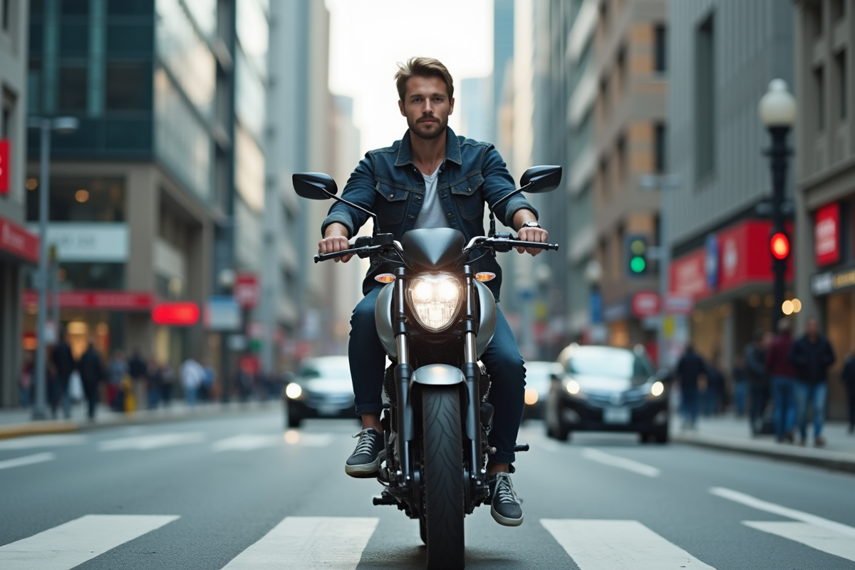 Jeune homme en ville sur sa moto 125cc dynamique