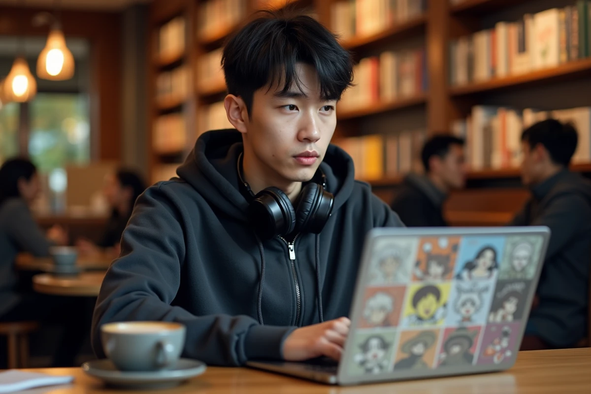 Jeune homme consultant des scans de Naruto en couleurs sur ordinateur portable dans un café