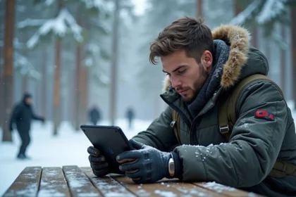 Jeune homme en hiver concentré sur un code sur tablette en forêt