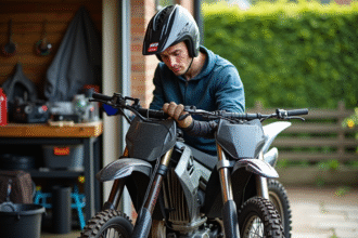 Jeune homme nettoyant une moto 125cc en extérieur