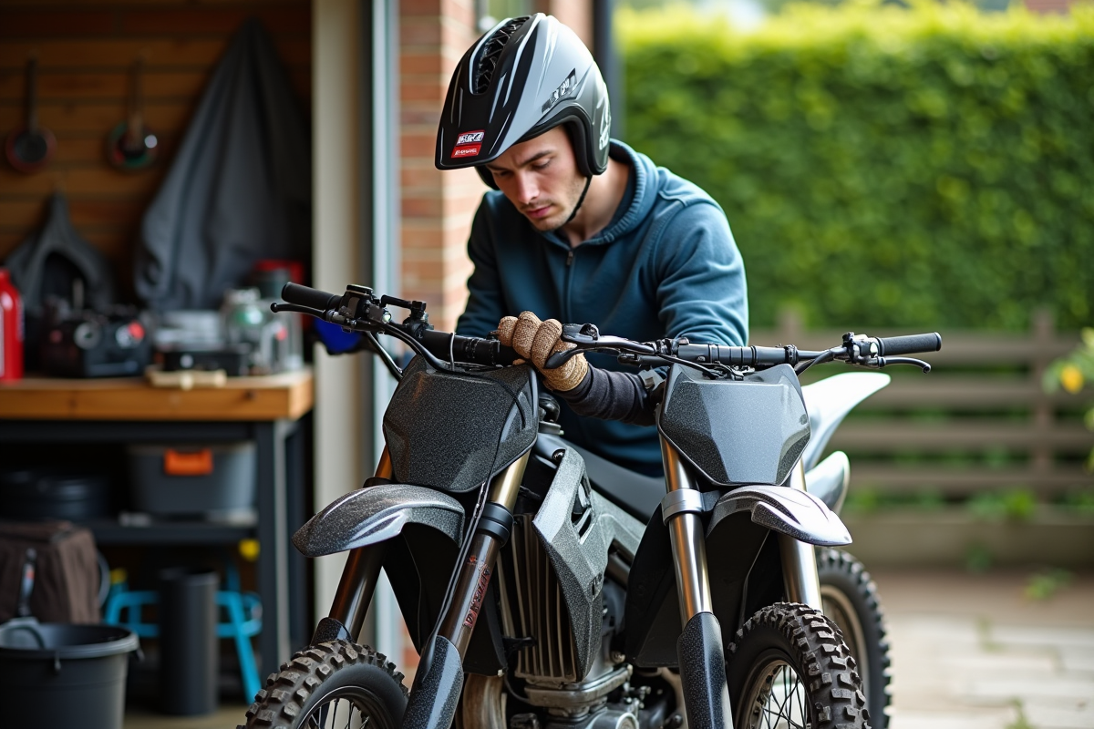 Jeune homme nettoyant une moto 125cc en extérieur