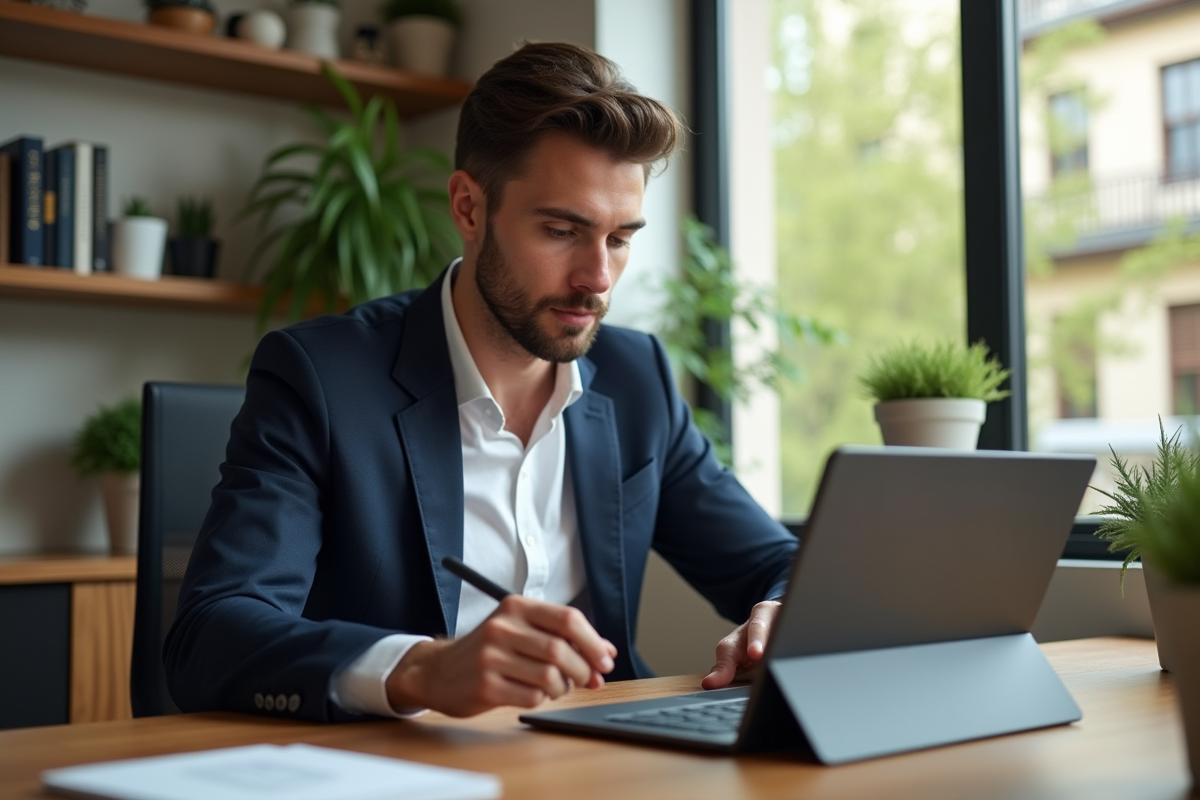 Jeune homme en costume utilisant une tablette dans un bureau lumineux