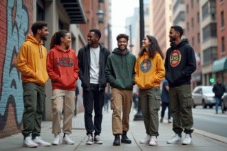 Groupe de jeunes adultes en streetwear dans une rue urbaine