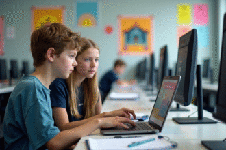 Adolescentes concentrés sur un ordinateur en classe