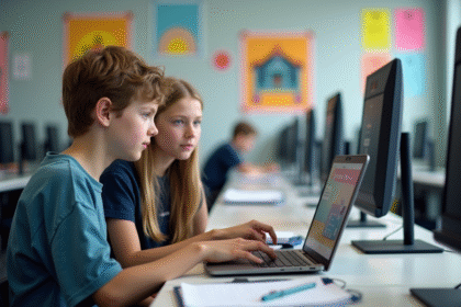 Adolescentes concentrés sur un ordinateur en classe