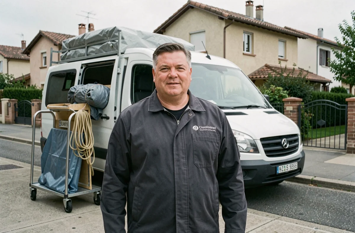 Professionnel de JJ Degottex devant son véhicule utilitaire équipé pour le débarras dans le Rhône