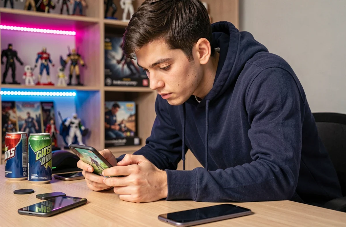 Joueur de Clash Royale concentré analysant un deck anti-méta sur smartphone en 2026