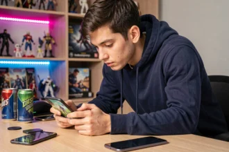 Joueur de Clash Royale concentré analysant un deck anti-méta sur smartphone en 2026