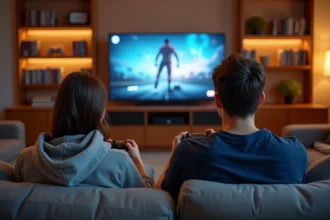 Deux joueurs adultes en co-op locale sur canapé avec manettes devant un écran splitté illustrant la durée de jeu Split Fiction