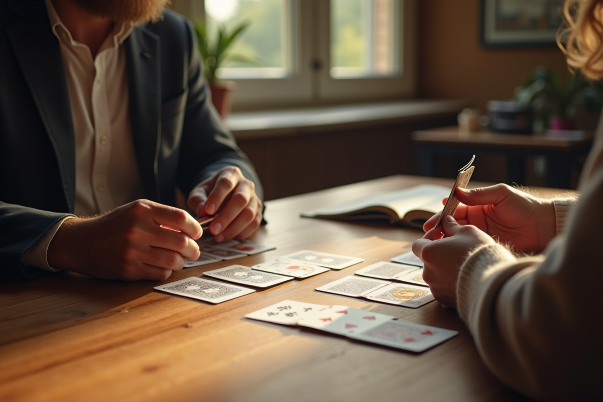 Deux personnes jouent à un jeu de cartes dans une ambiance chaleureuse