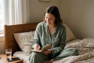 Femme écrivant dans un journal papier avant de dormir, smartphone posé face contre le lit, ambiance chambre apaisante et cocooning