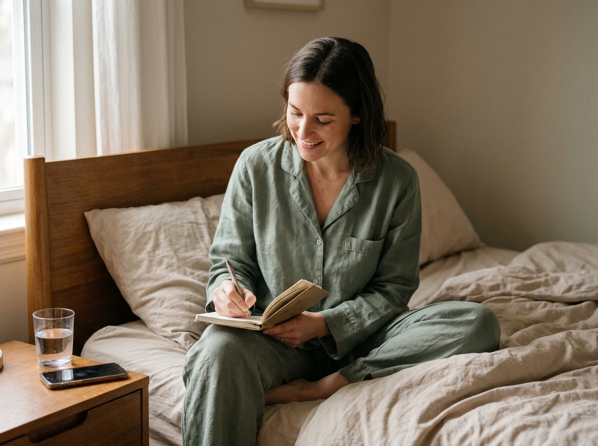 Femme écrivant dans un journal papier avant de dormir, smartphone posé face contre le lit, ambiance chambre apaisante et cocooning