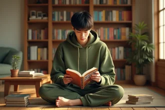 Jeune homme lisant un manga One Piece dans un appartement japonais cosy entouré de livres