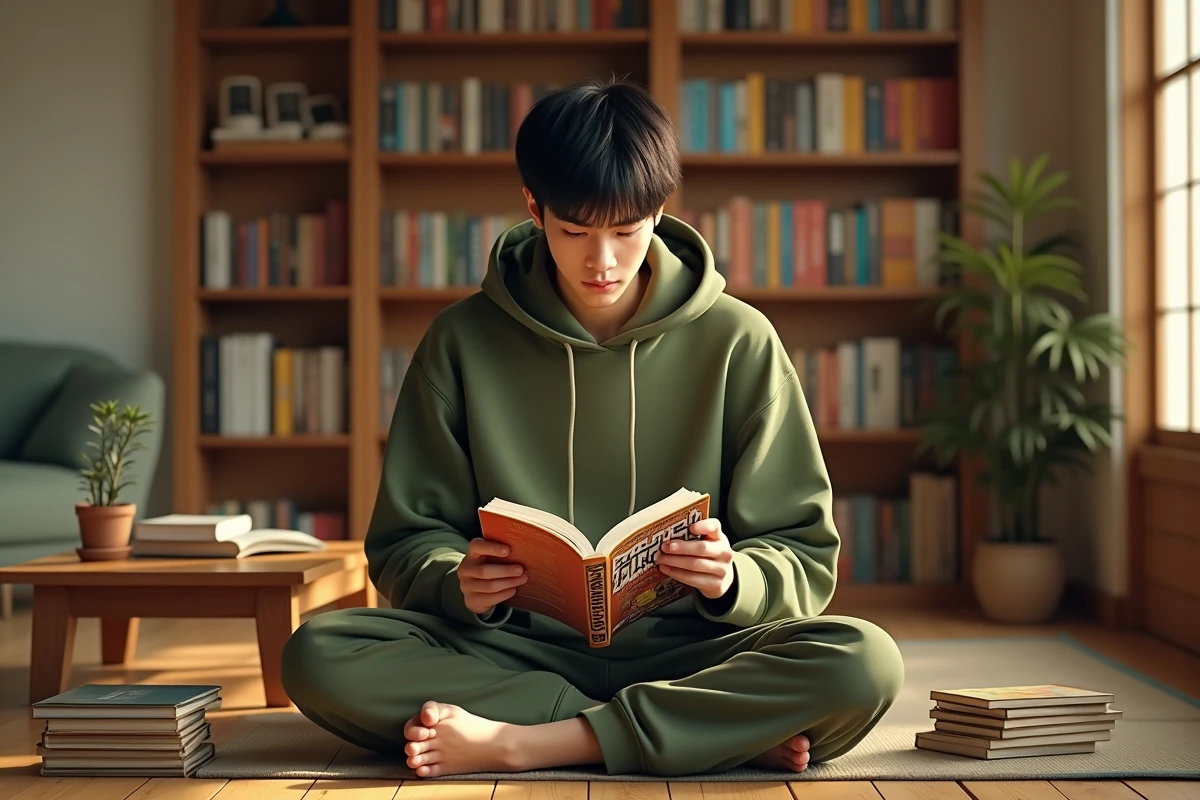 Jeune homme lisant un manga One Piece dans un appartement japonais cosy entouré de livres