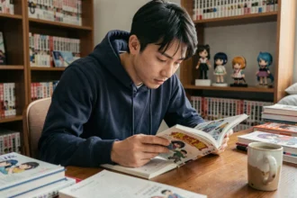 Jeune homme lisant un manga One Piece assis à son bureau entouré de collections d'anime