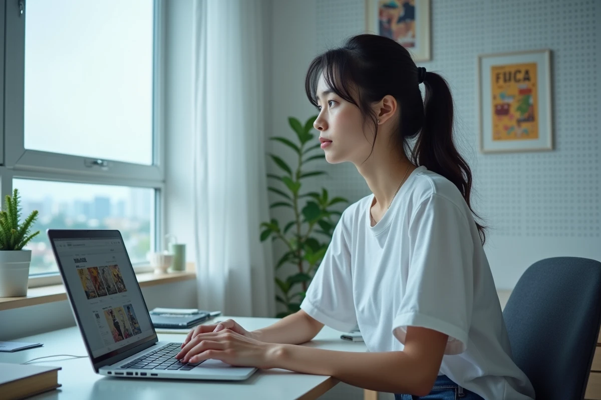 Jeune femme lisant One Piece en ligne sur un ordinateur portable avec le manga posé sur le bureau