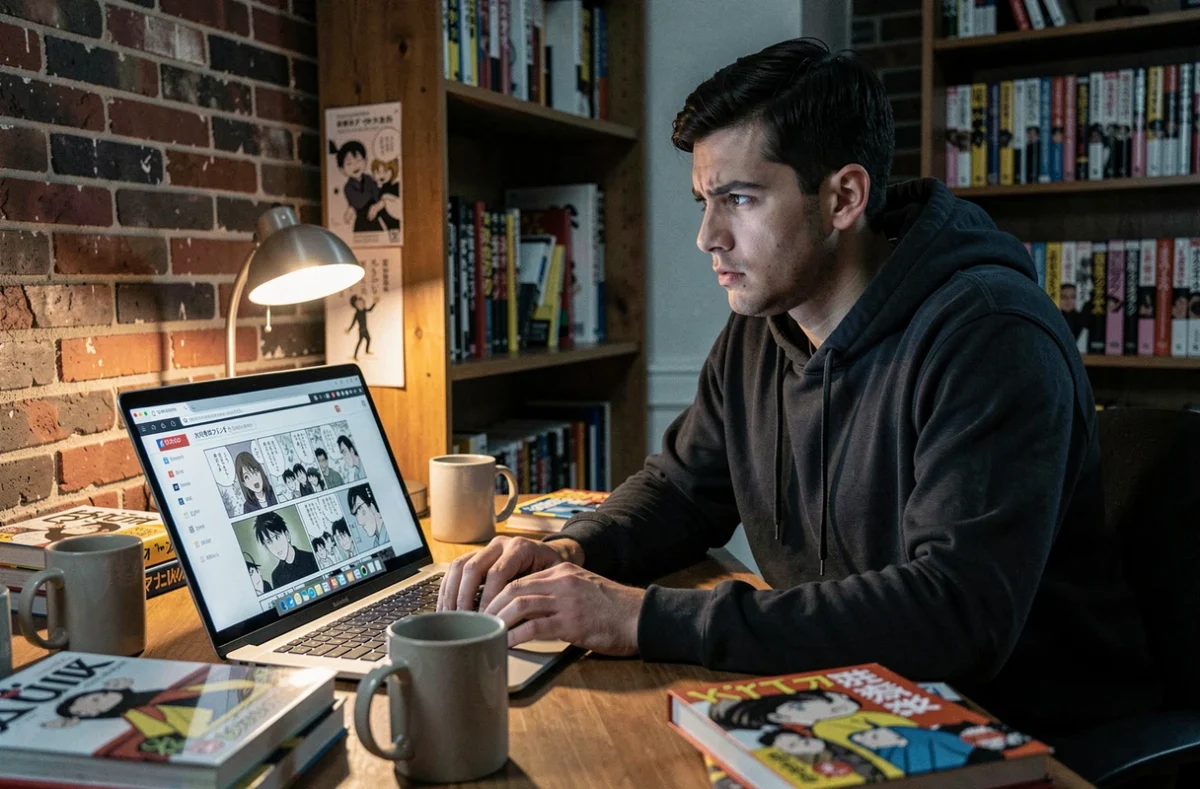 Jeune homme lisant des scans de manga sur un ordinateur portable dans un bureau à domicile, illustrant les risques de sécurité des sites de lecture en ligne non officiels