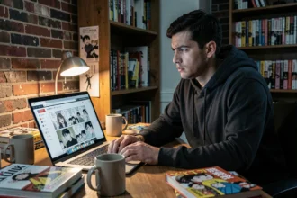 Jeune homme lisant des scans de manga sur un ordinateur portable dans un bureau à domicile, illustrant les risques de sécurité des sites de lecture en ligne non officiels