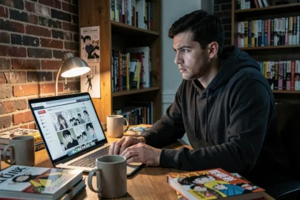 Jeune homme lisant des scans de manga sur un ordinateur portable dans un bureau à domicile, illustrant les risques de sécurité des sites de lecture en ligne non officiels