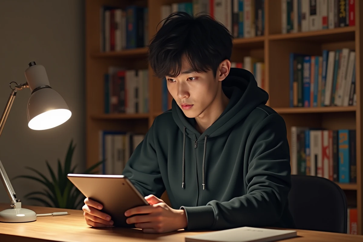 Jeune homme lisant un scan de manga One Piece sur une tablette dans un bureau cosy entouré de volumes manga