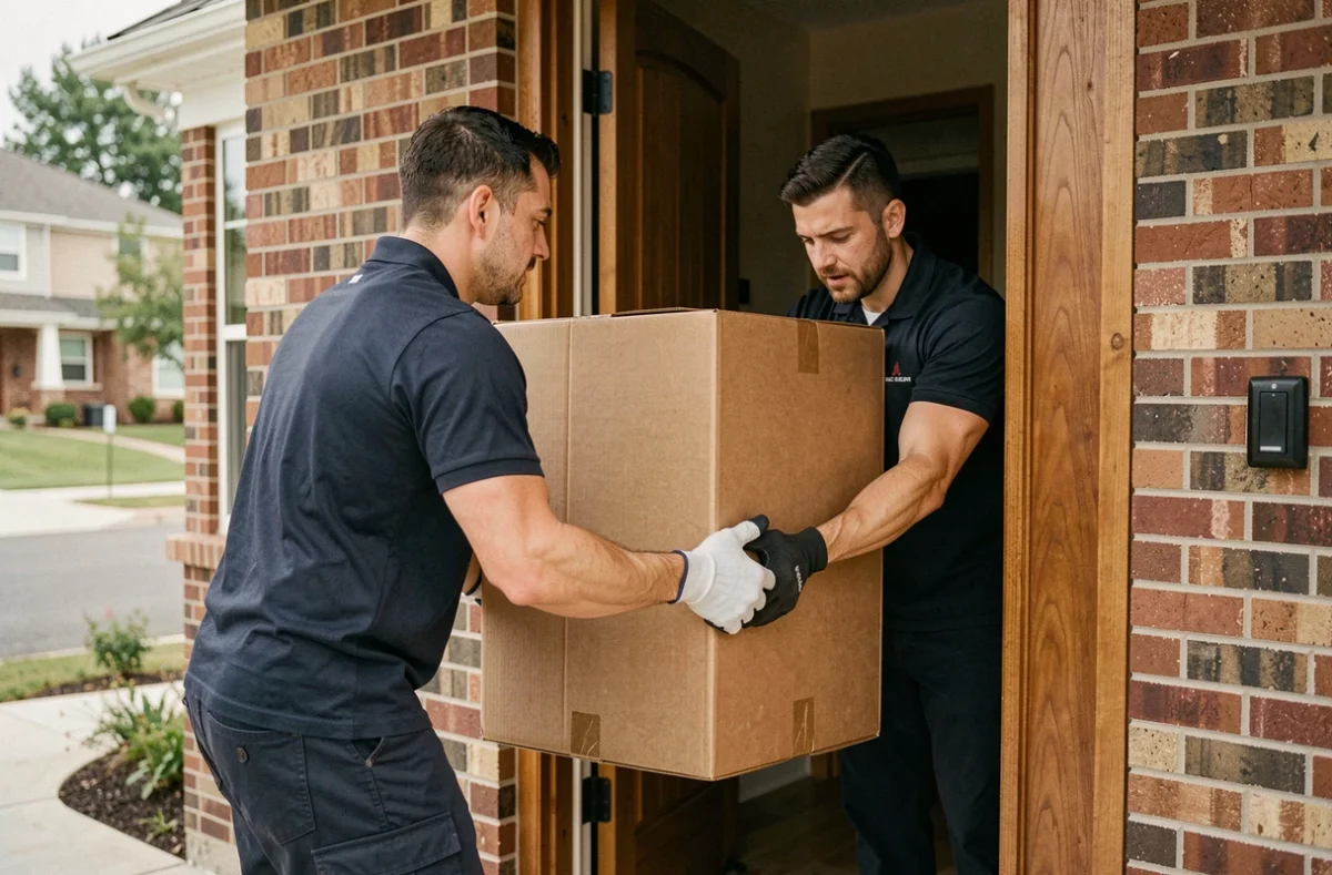 Deux livreurs en uniforme marine transportant un gros colis encombrant à travers la porte d'entrée d'une maison pavillonnaire