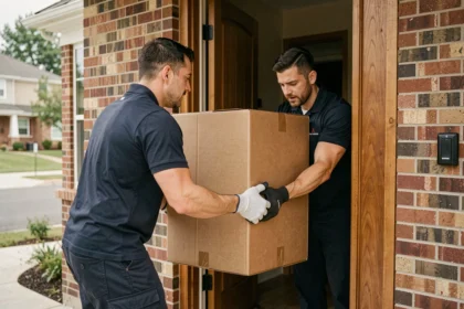 Deux livreurs en uniforme marine transportant un gros colis encombrant à travers la porte d'entrée d'une maison pavillonnaire