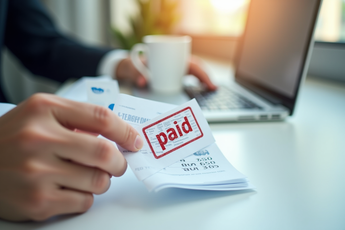 Main déchirant un avis de dette payé dans un bureau lumineux