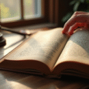 Main tenant un vieux livre juridique ouvert sur un bureau