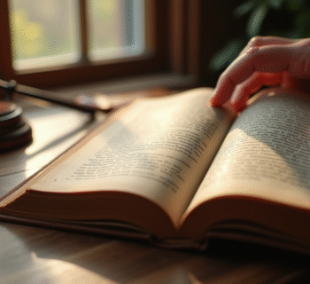 Main tenant un vieux livre juridique ouvert sur un bureau