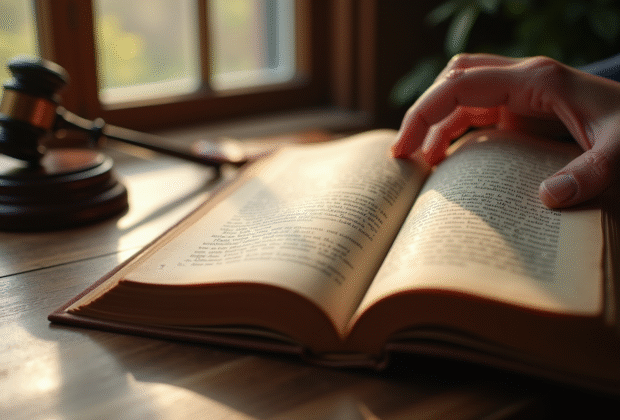 Main tenant un vieux livre juridique ouvert sur un bureau