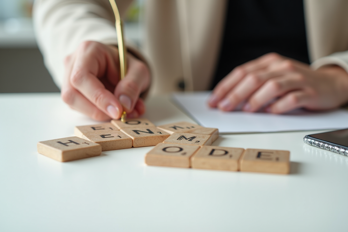 Mains disposant des tuiles de Scrabble sur une table blanche