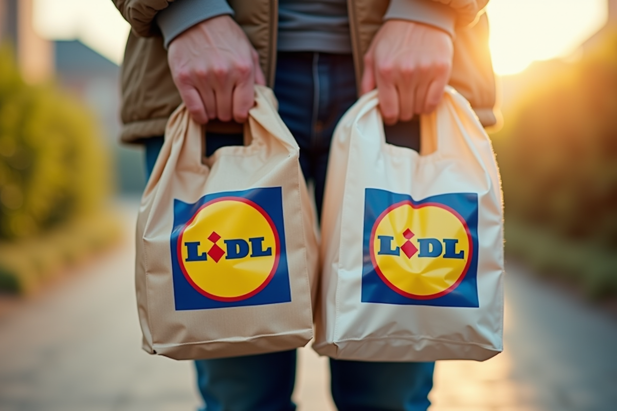 Mains tenant deux sacs Lidl de différentes années en extérieur
