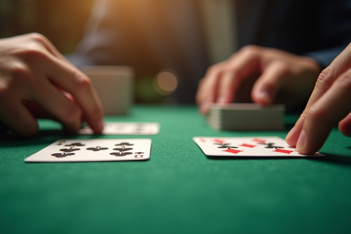 Mains posant des cartes sur une table en feutre vert
