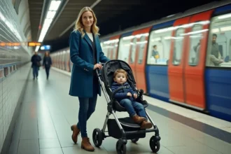 Jeune maman dans le métro de Paris avec son enfant
