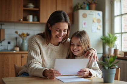 Femme et fille lisant une note dans la cuisine chaleureuse