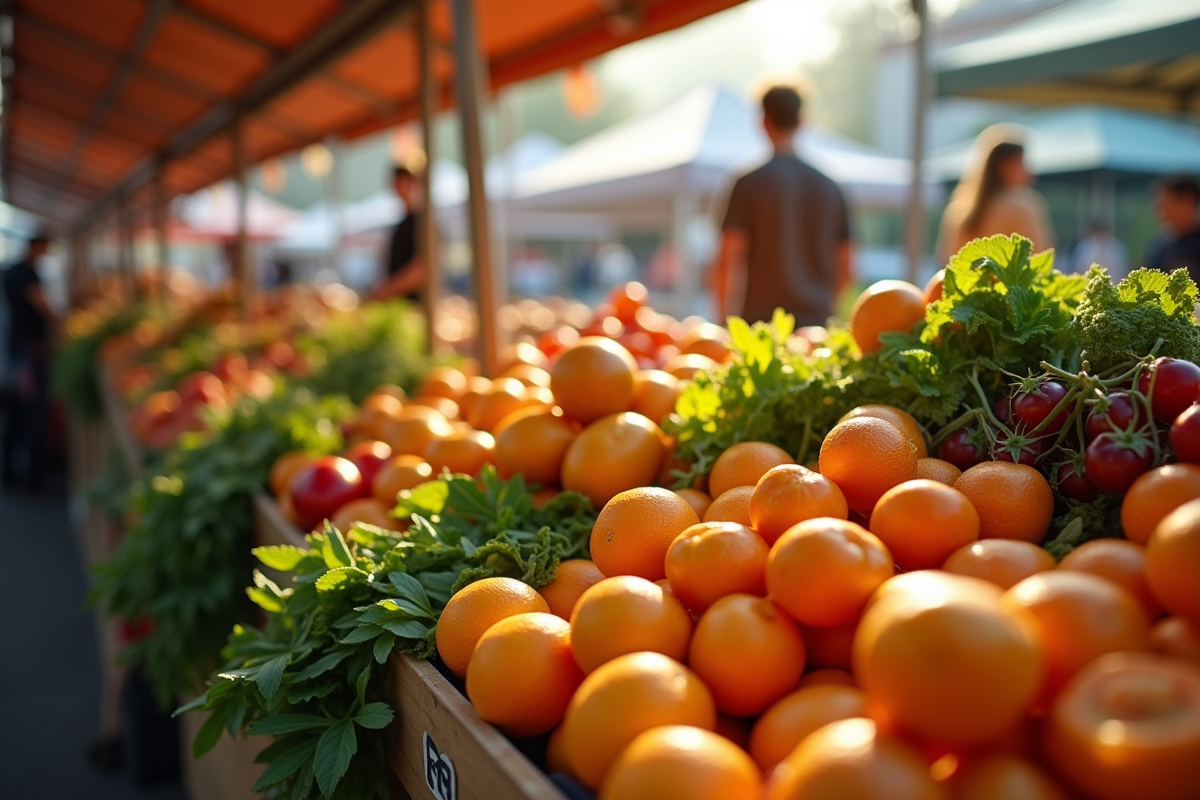 Marché coloré avec fruits et légumes L en gros plan