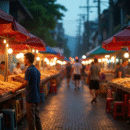 Marché de nuit animé en Thaïlande avec vendeurs de street food