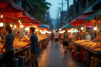Marché de nuit animé en Thaïlande avec vendeurs de street food