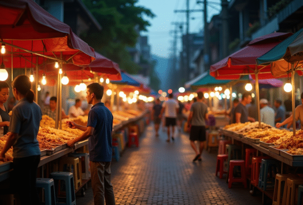 Marché de nuit animé en Thaïlande avec vendeurs de street food