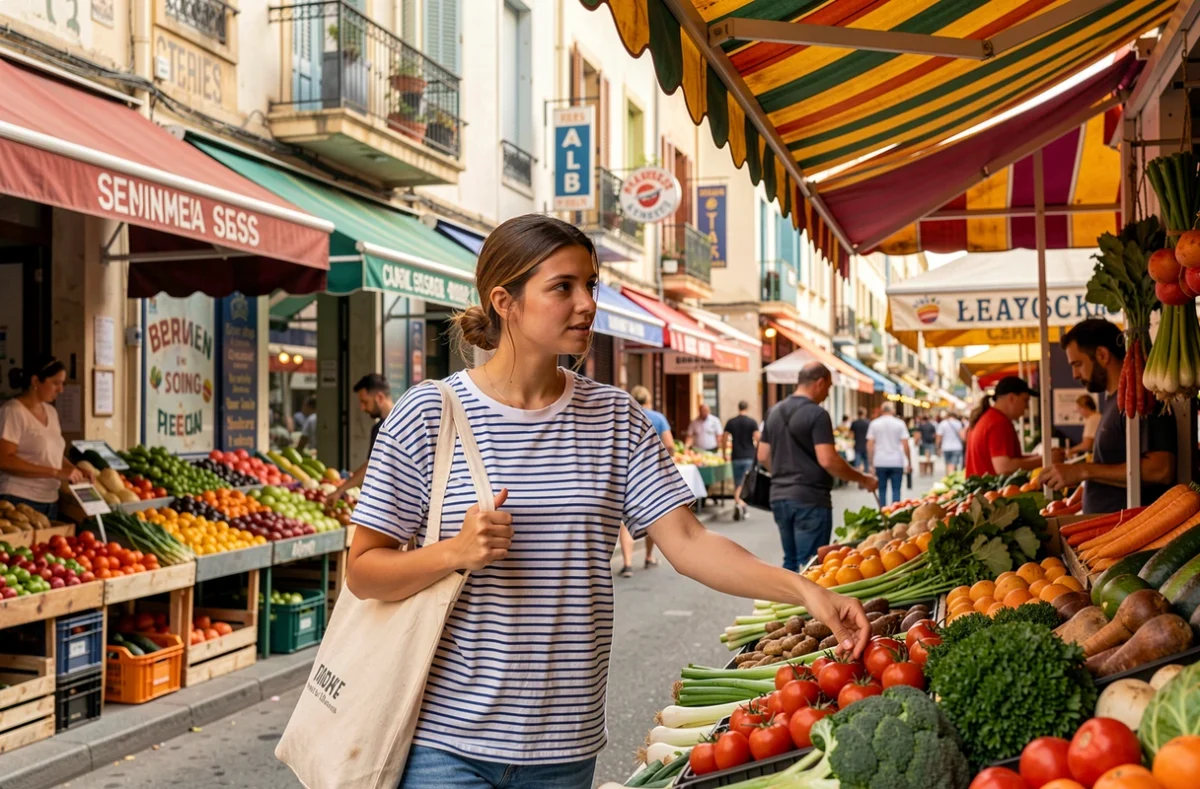 Jeune femme explorant un marché de plein air dans les quartiers nord de Marseille