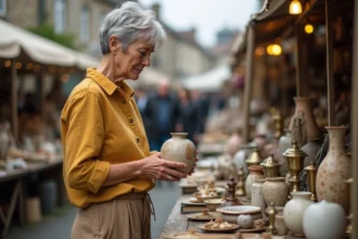 Femme examinant une vase ancienne sur un stand de troc et puces en plein air dans le Morbihan, marché vintage Bretagne 2026
