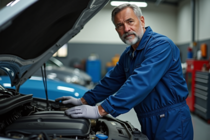 Mécanicien homme en overalls bleus près d'une voiture en réparation