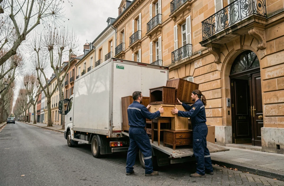 Équipe professionnelle de débarras chargeant des meubles dans un camion devant une maison lyonnaise typique