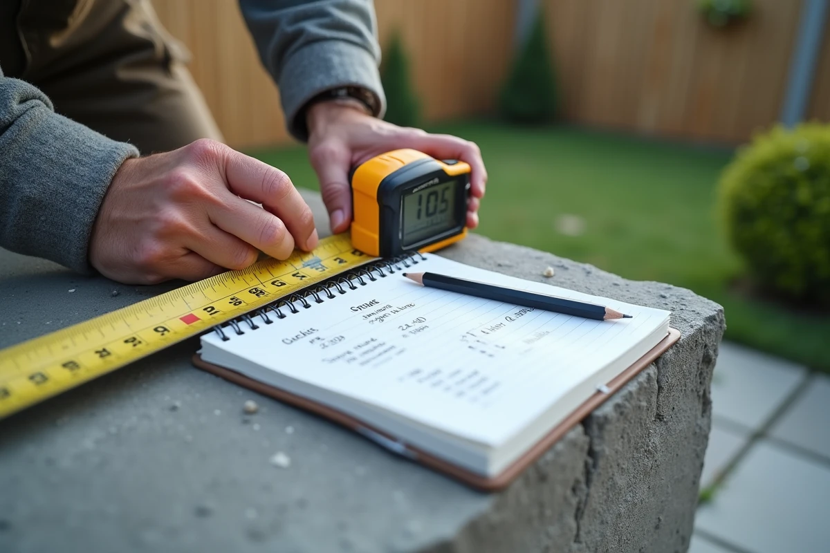 Gros plan de mains mesurant l'épaisseur d'une dalle de terrasse en béton avec un carnet de calculs de conversion m2 en m3
