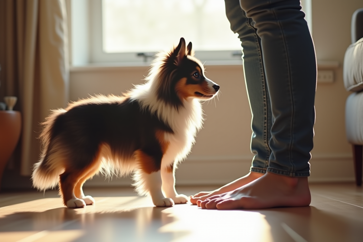 Mini Australian Shepherd en intérieur à côté d