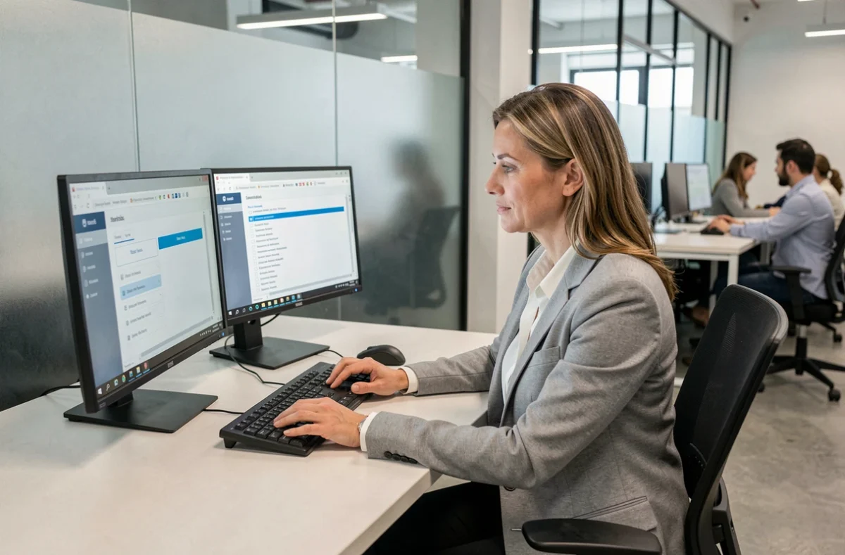 Femme professionnel mettant à jour un accès Govioz dans un espace de coworking