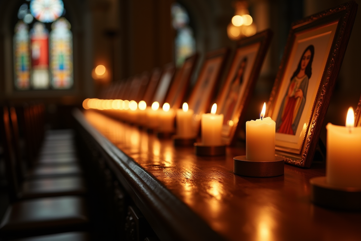 Mémorial dans une église européenne avec bougies et portraits en lumière douce